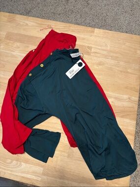 Inner Circle Red and one Green Button-Shoulder Top with Red Layered Accent